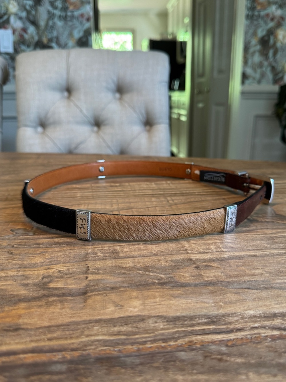 Brighton Multi-Color Pony Hair Silver Concho Leather Belt Sz 32 / M - Picture 5 of 11